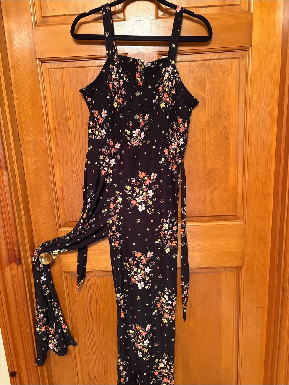 No Boundaries Black Floral Smocked Top Jumpsuit